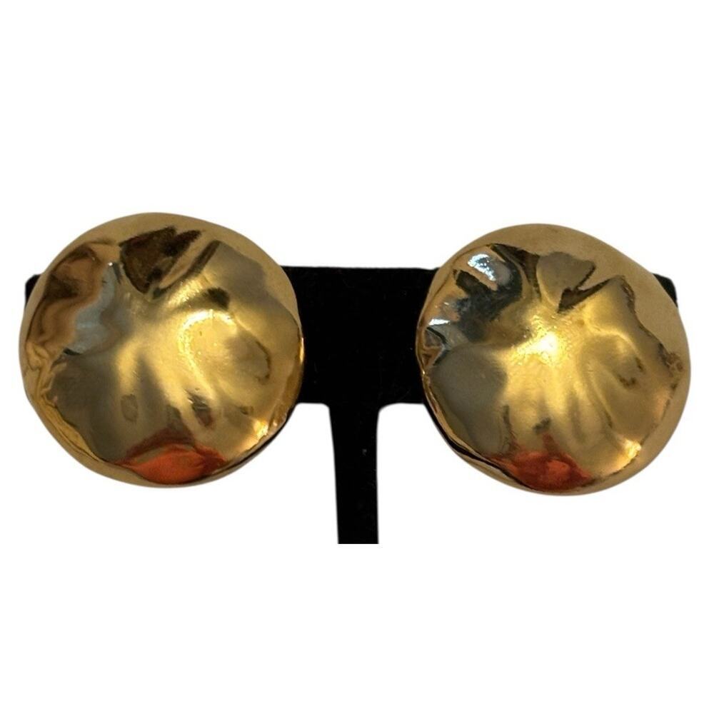 Givenchy Vintage Clip On Round Earrings Hammered Gold Chunky Signed 1980s